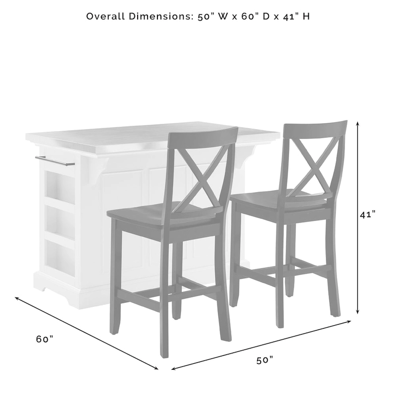 Crosley Julia Stainless Steel Top Island W/X-Back Stools - 50 W x60 D x41 H