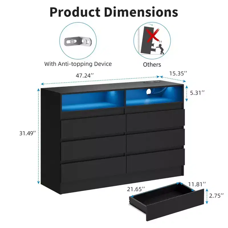 6-Drawer Double Dresser with LED Light & Power Outlet