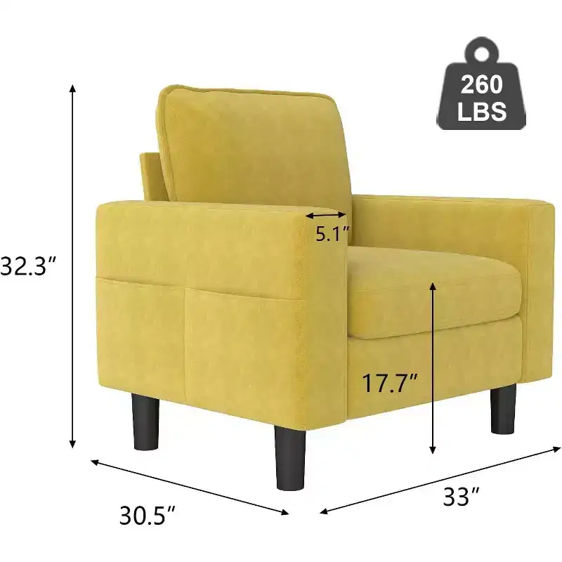 Single Sofa Chair - 33 Modern Accent Chairs with Arms & Cushions, Mustard