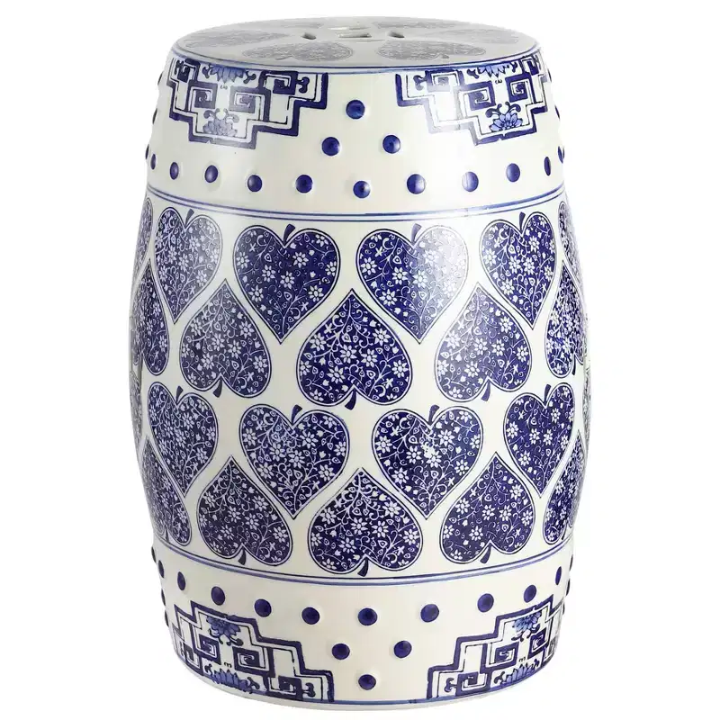 JONATHAN Y Happy Hearts 17.8 Chinoiserie Ceramic Drum Garden Stool/Accent Table, Blue/White