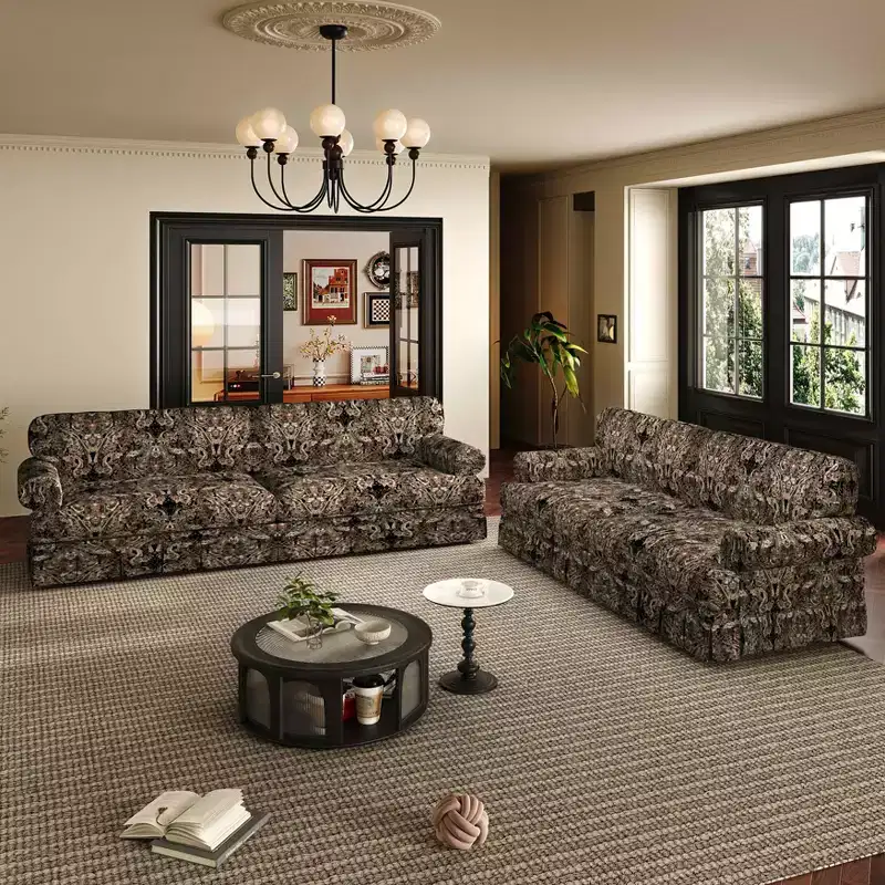 MAYEERTY 74 Luxuriously Comfortable 3 Seater Cloud Couch, Oxford Fabric Sofa with Rolled Arms & Pleated Skirt Design Black Floral