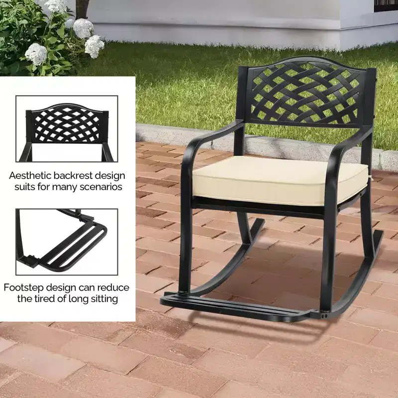 Karl Home | Black Iron Rocking Chair with Mesh Backrest and Off-White Cushion