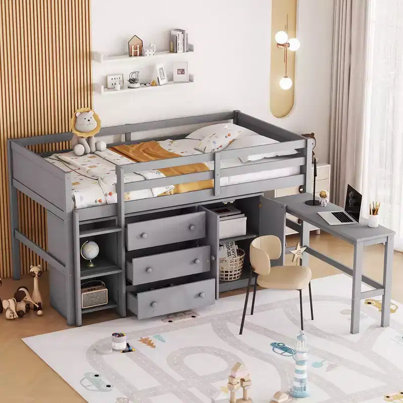 Twin Size Bed Frame, Solid Wood Low Loft Bed Frame With Pull-Out Desk, Drawers, Cabinet, Shelves, Twin Size Low Loft Bed For Kids Teens Boys Girls
