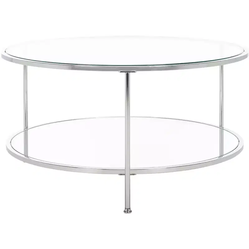 Round Glass Top Coffee Table with Mirrored Shelf - Silver