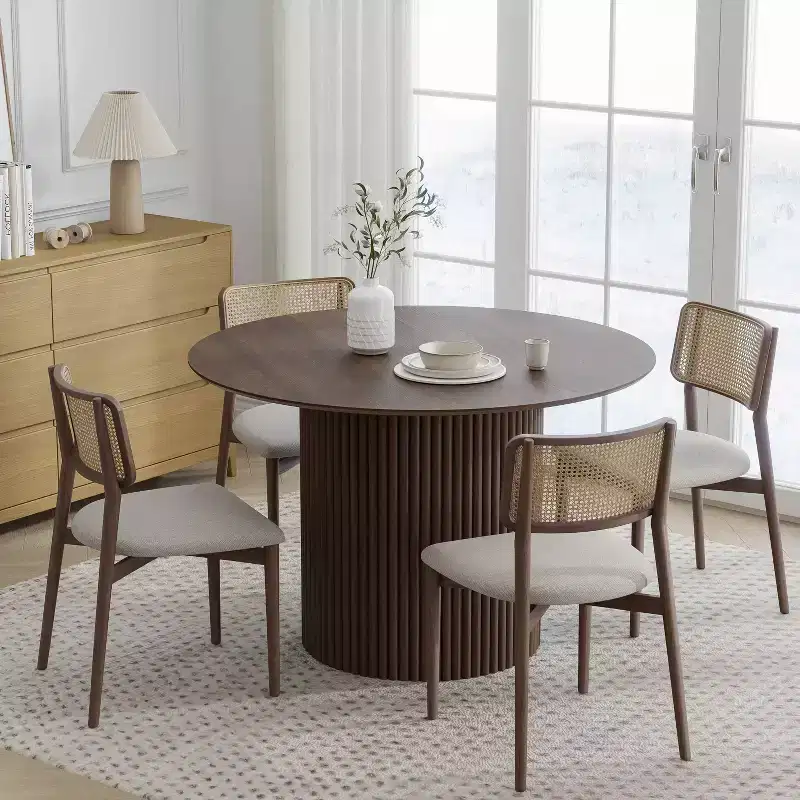 Mid-Century Round Dining Table, Solid Rubberwood, Walnut, Seats 4