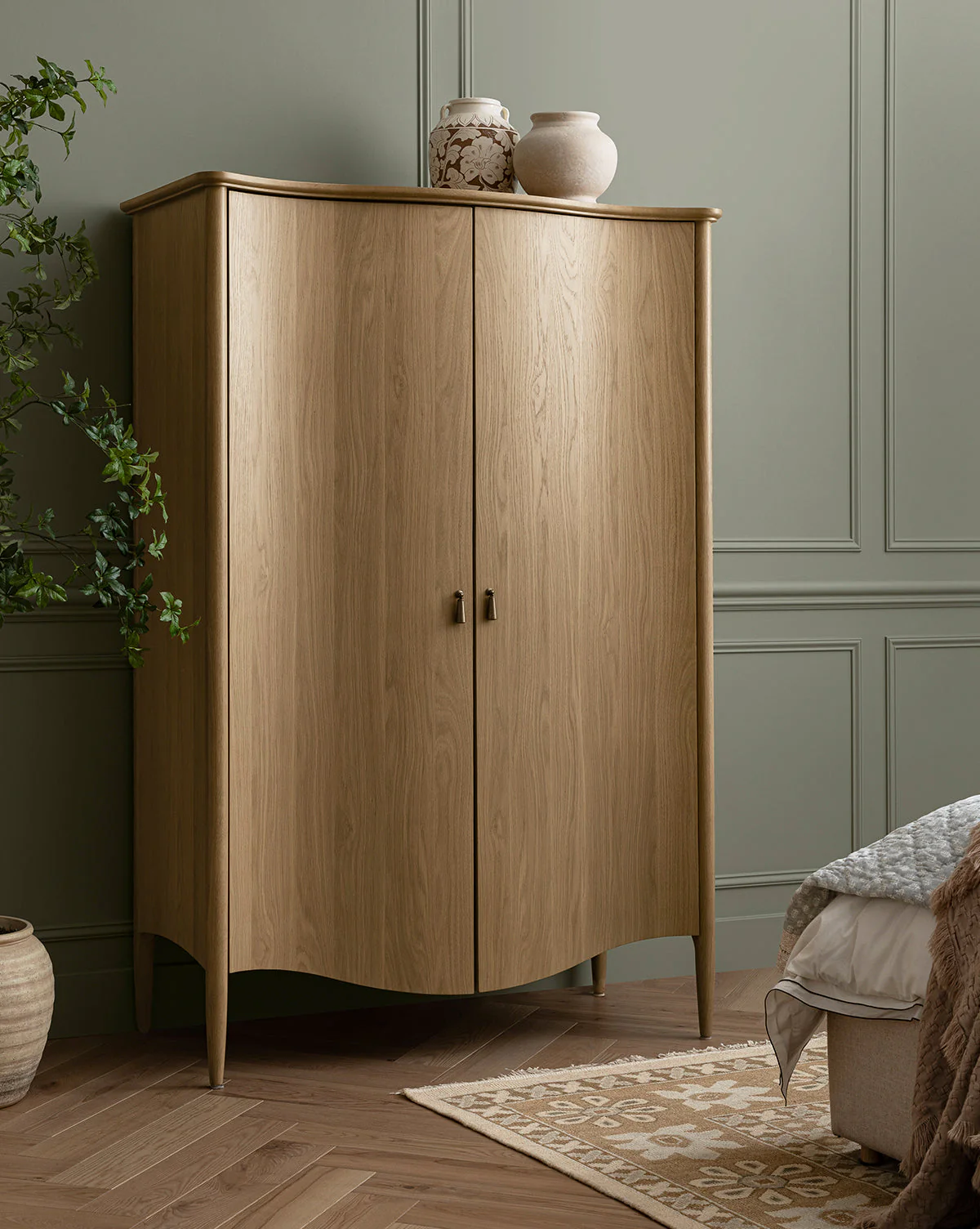 Heritage Oak Cabinet with Brass Pulls & Soft-Close Doors for Living Room