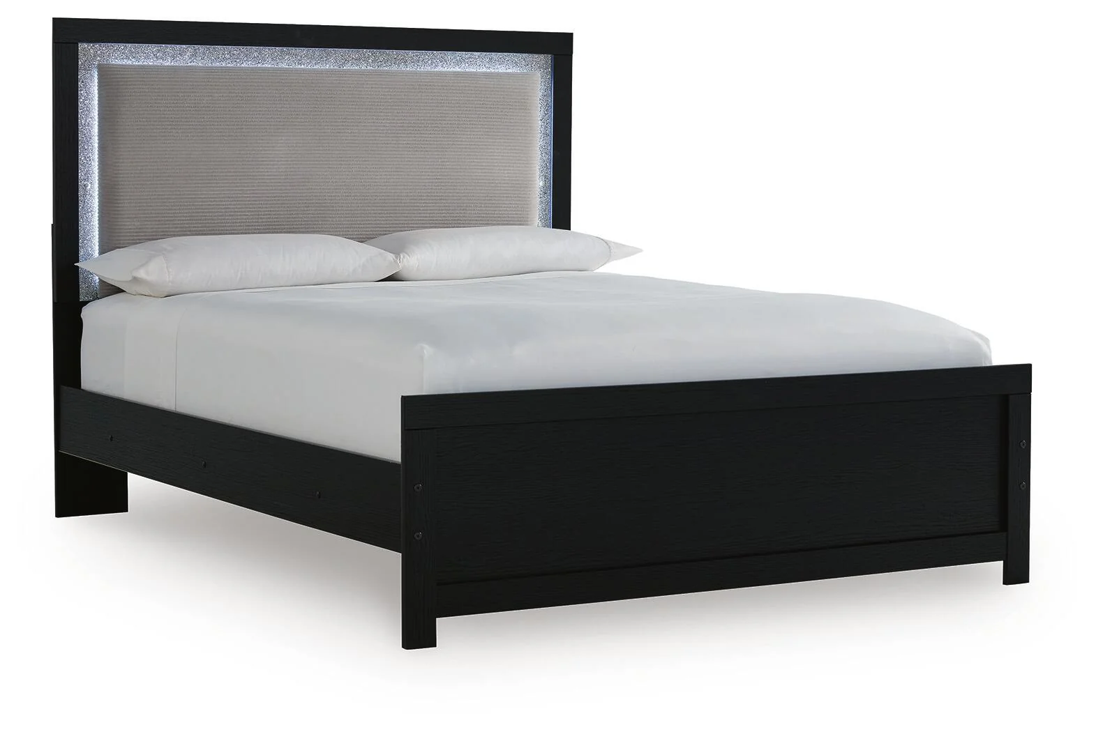 Upholstered Panel Bed — Seamlessly incorporated LED accent lighting on the headboard provides practical and stylish illumination