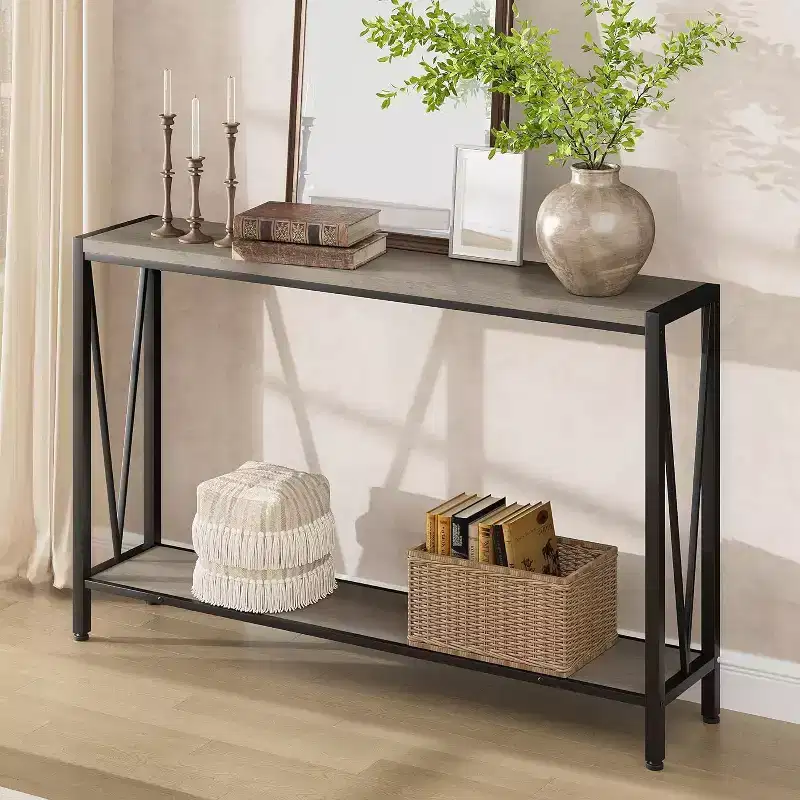 Acekool Industrial Console Table with V-Design, 2-Tier Entryway Sofa Table for Living Room & Hallway, Space-Saving Storage