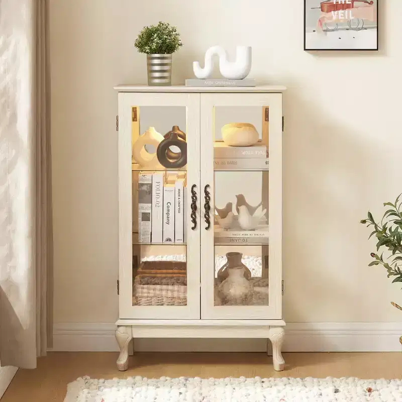 44 Lighted Curio Cabinet, White MDF+Glass Display w/ Tempered Glass Doors & Adjustable Shelves (Mirrored Back, Bulb Included)