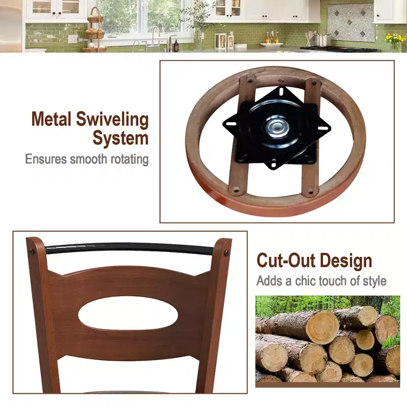 Costway Set of 2 Bar Stools 360 Swivel Dining Chairs Solid Rubber Wood Leather Padded Seat Counter Height