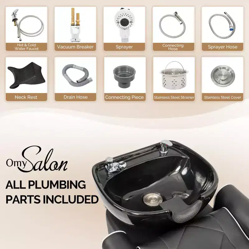 Black Upholstered Salon Shampoo Bowl & Backwash Chair, 1-Person