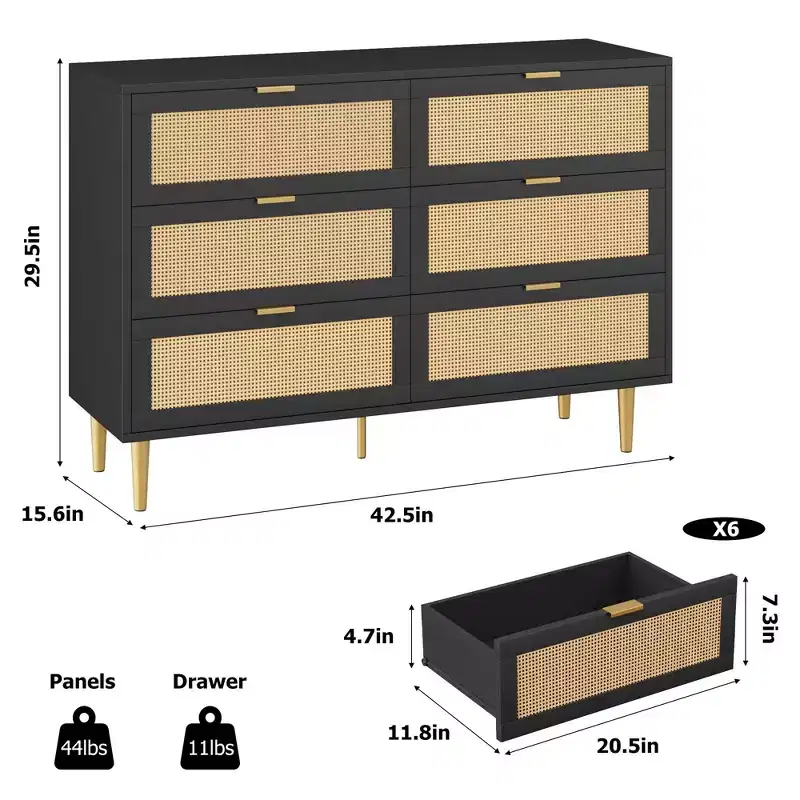 Natural Rattan 6-Drawer Dresser with Gold Legs & Handles, Wide Storage Chest for Bedroom or Living Room, Anti-Tip Design & Large Top Surface