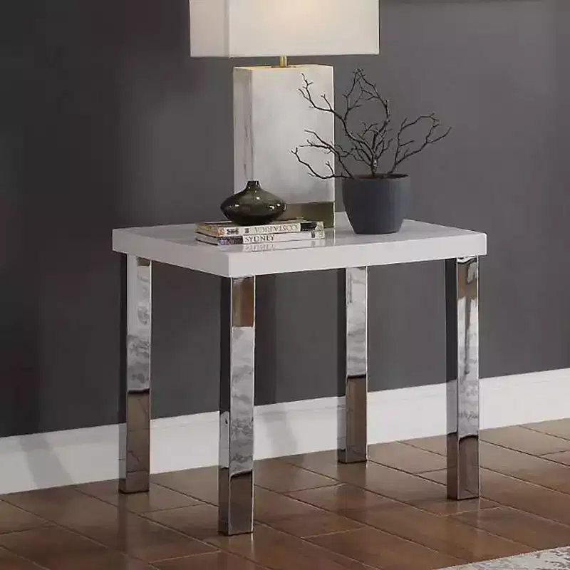 22" Accent Table White High Gloss/Chrome - : Modern Glamour, No Assembly Required
