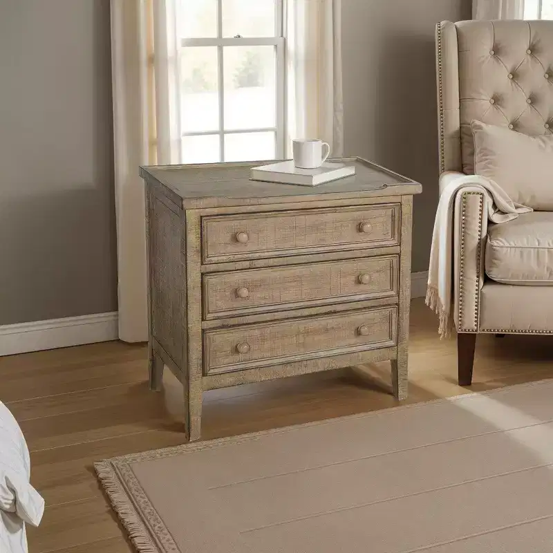3-Drawer Side End Table – Brown Mahogany Wood