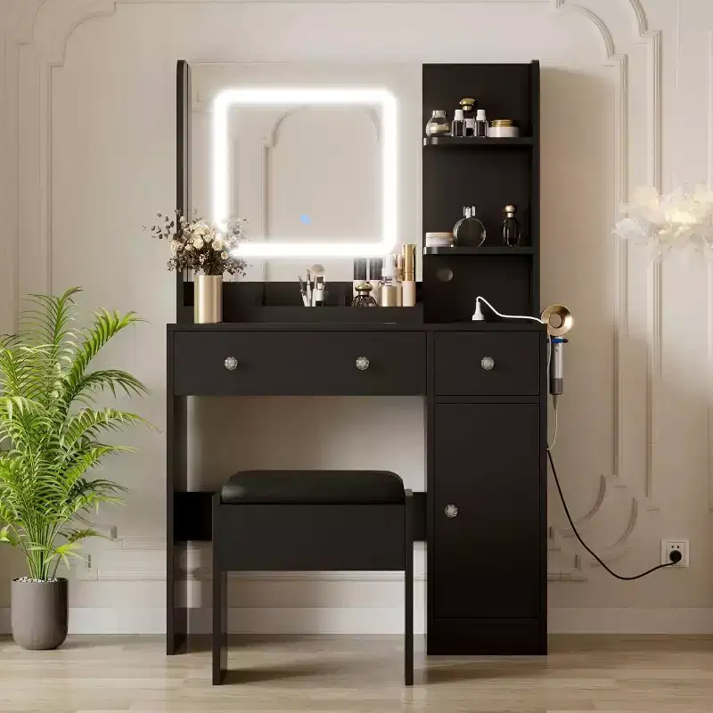 Vanity Desk with Mirror, Makeup Desk with Lights in 3 Colors, Girls Vanity Table with Charging Station, 3 Drawers, 3 Storage Shelves