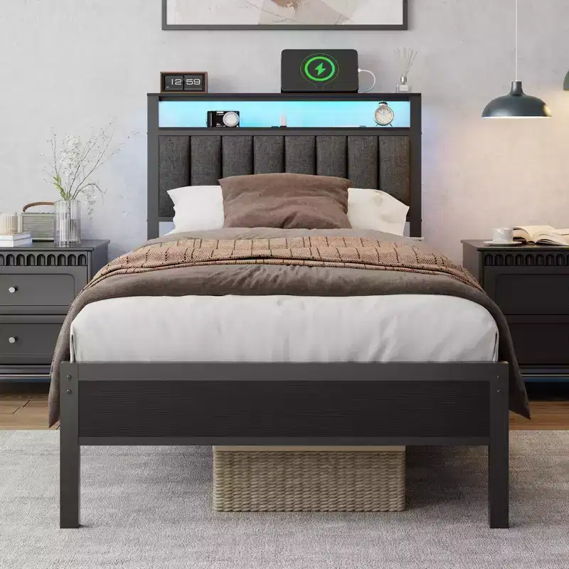 Twin Platform Bed Frame with LED Lights and Charging Station