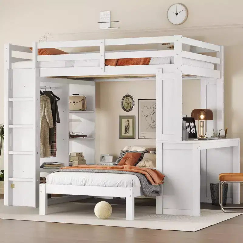 Full XL/Full over Twin Bunk Bed with Dismountable Lower Bed and Desk Solid Wood Bunk Beds Frame with Built-in Shelves and Wardrobe White