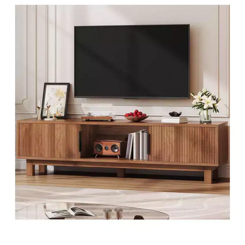 Fluted TV Stands for TVs up to 65 Inches, Entertainment Center with Power Outlets & Storage , Wooden TV Console for Living Room, Walnut