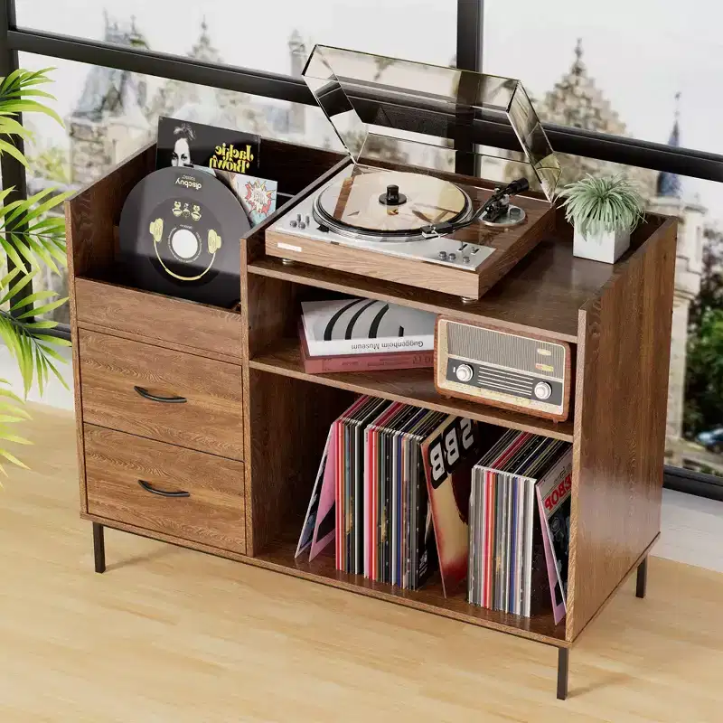 Record Player Stand with Storage – Mid-Century Style, Holds 500+ Albums