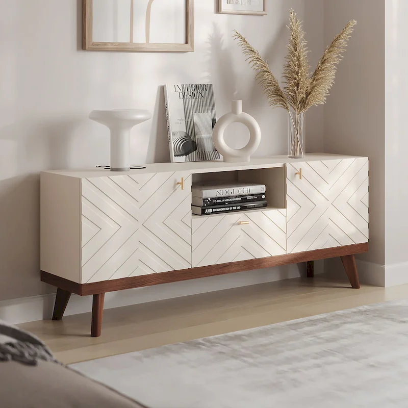 Mid-Century Modern TV Stand Console with Drawer, Beige, Fits TVs up to 65 in, Wood Legs