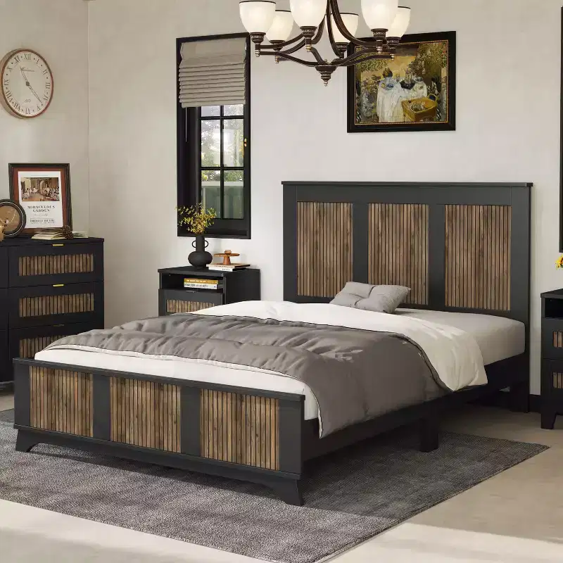 Farmhouse Queen Size Wooden Slatted Platform Bed Frame