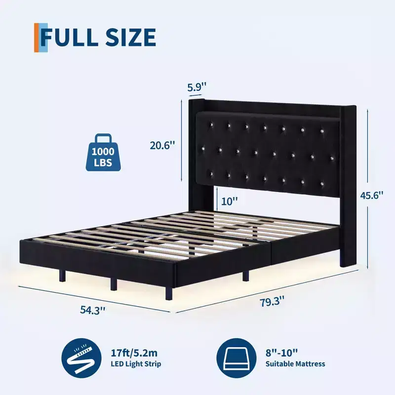 Floating Bed with Velvet Upholstered Storage Headboard for Apartment Bedroom, No Box Spring Needed, Noise Free