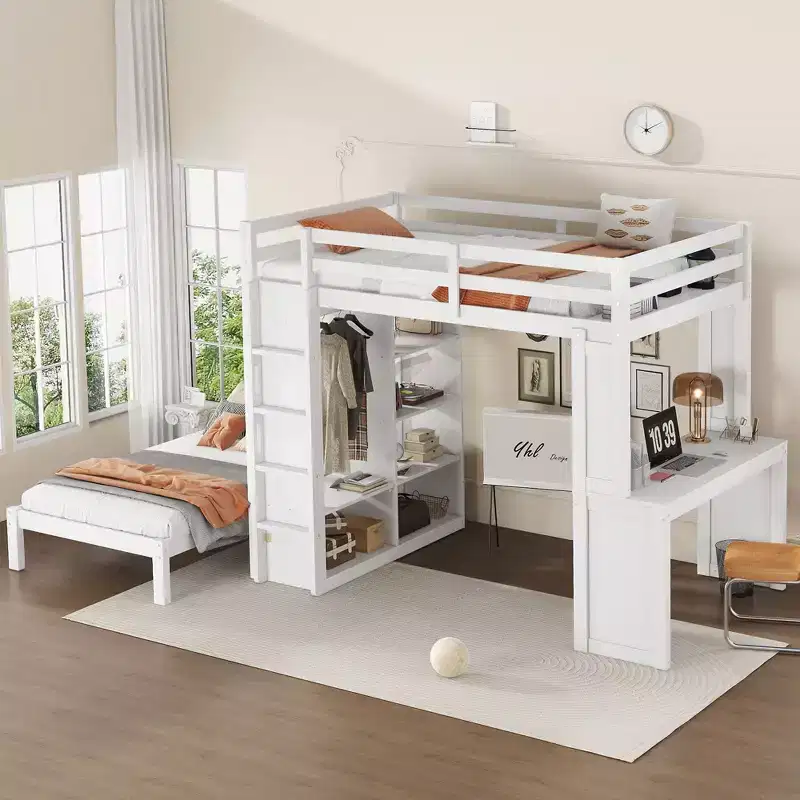 Full XL/Full over Twin Bunk Bed with Dismountable Lower Bed and Desk Solid Wood Bunk Beds Frame with Built-in Shelves and Wardrobe White
