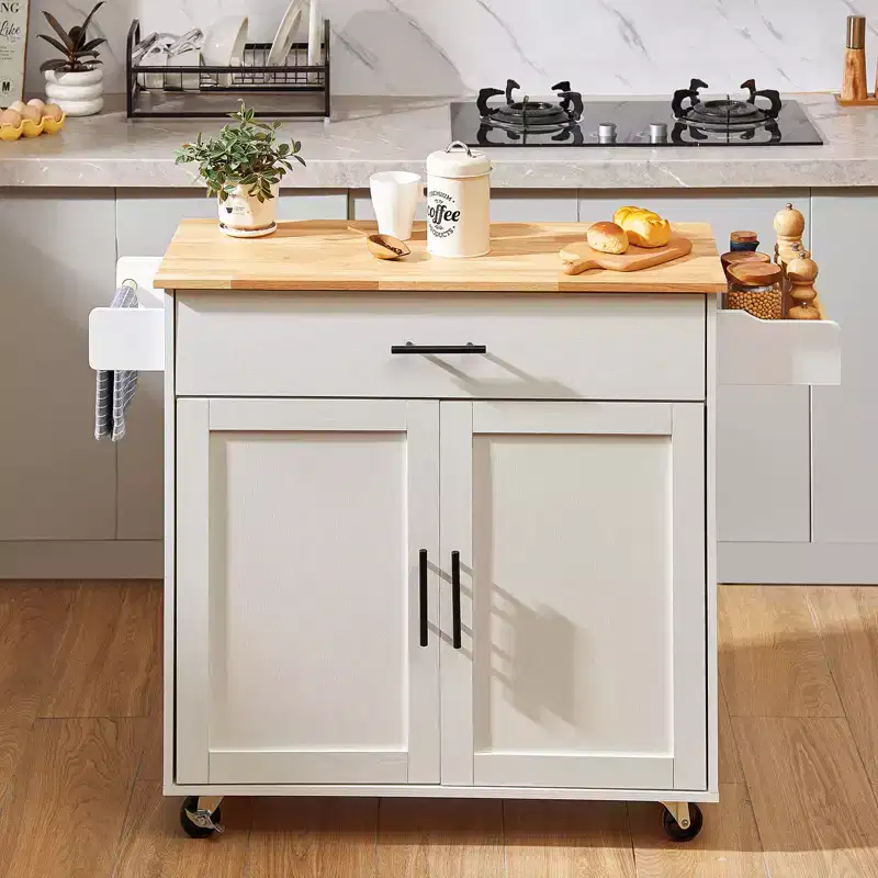VEVOR Kitchen Island Cart with Solid Wood Top,35.4 Width Mobile Carts with Storage Cabinet, Rolling Kitchen Table with Spice Rack, Towel Rack, White