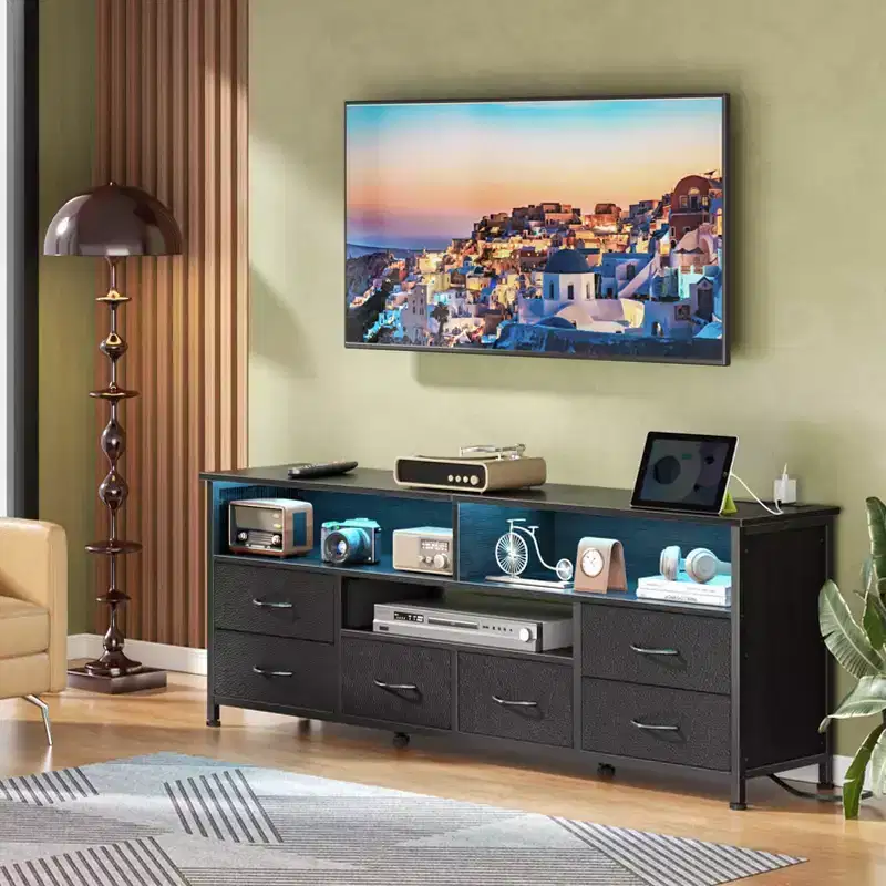 Qwatto 55 Inch Black TV Stand Dresser with Charging Station LED Lights 6 Fabric Drawers Entertainment Center for TVs up to 60 Inch Media Console