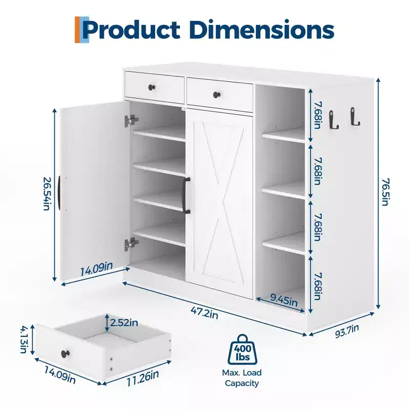 Shoe Storage Cabinet, Modern Farmhouse Shoe Rack Organizer with 6 Adjustable Shelves & 2 Drawers, Freestanding Entryway Cabinet for Mudroom, White