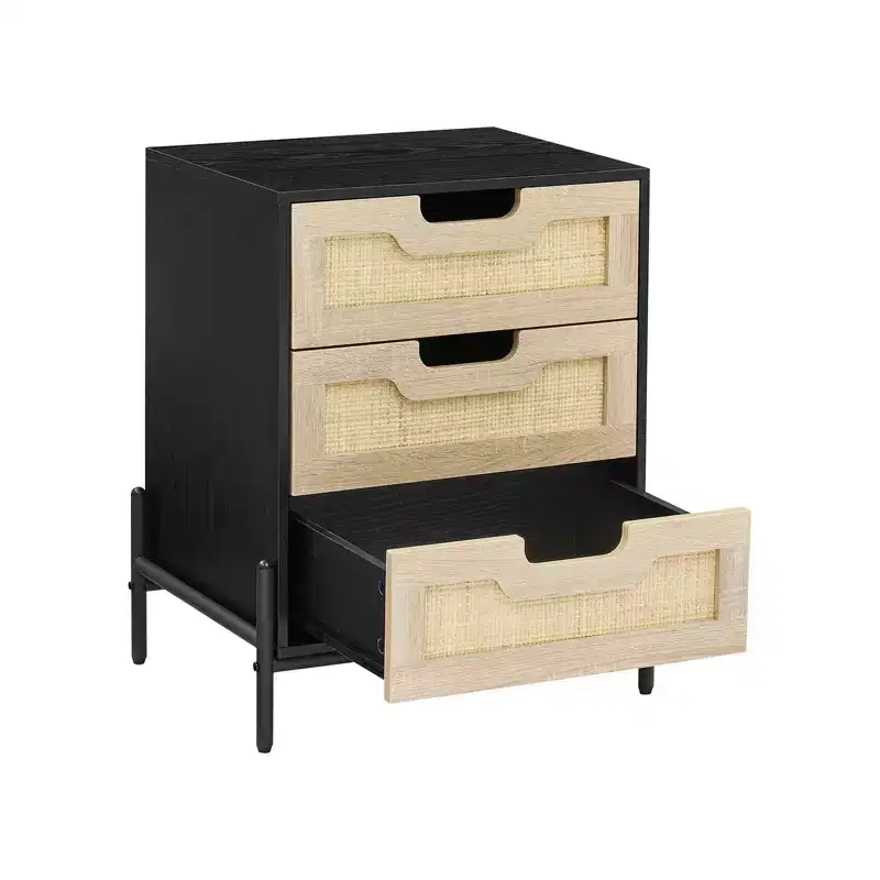 Rattan Nightstand, Boho Cane Bedside Table with Metal Legs, Modern Woven Accent End Table for Small Spaces, Free Standing Side Table for Bedroom