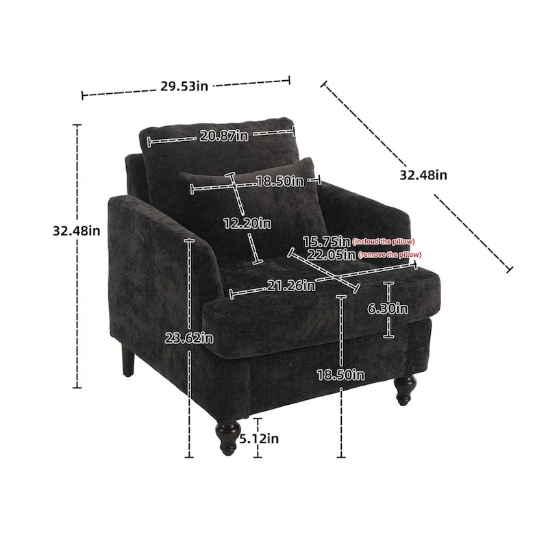 Chenille Single Sofa Chair, Upholstered Accent Chair with Soft Pillow, Mid Century Modern Reading Armchair