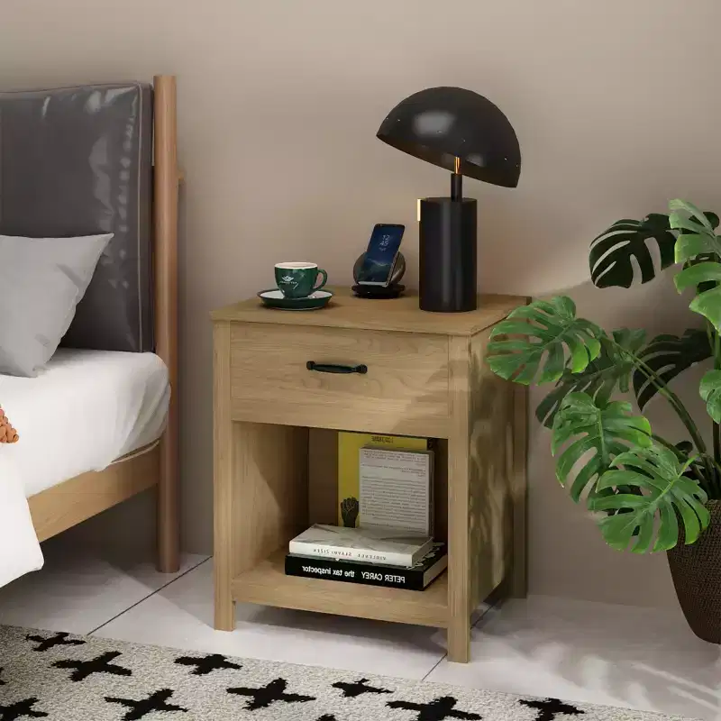 Minimalist Nightstand with Drawer and Open Shelf, Modern Bedside Table for Bedroom or Living Room