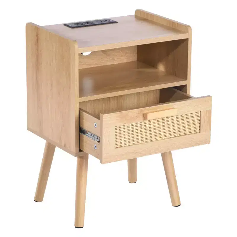 Rattan Nightstand End Table with Drawer and Open Shelf Boho Bedside Table