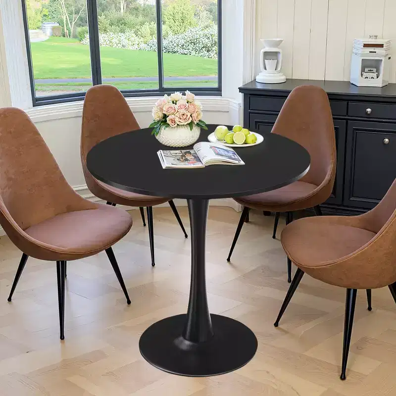 MAYEERTY 31.5 Small Round Dining Tulip Table, Wood Top, Metal Base, Seats 2-4, Black