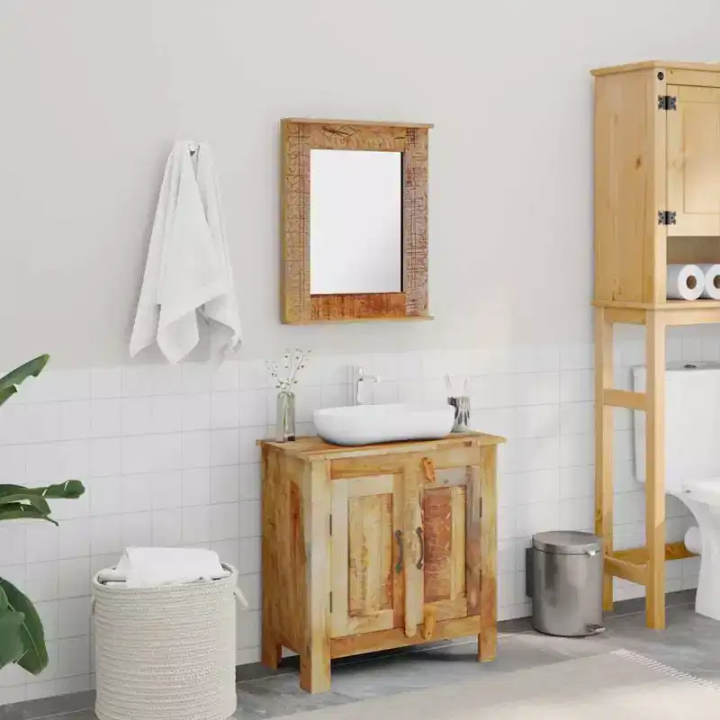 vidaXL Solid Mango Wood Bathroom Vanity Cabinet Set with Antique-Style Mirror - Unique, Sturdy, 23.6 Cabinet with 2 Shelves and Wood Grain Variation