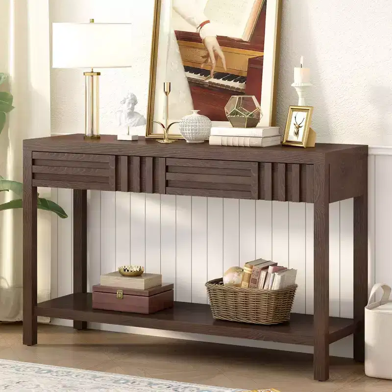 Okak 51.3IN Modern Console Table with Ash Veneer and Striped Design, Entryway Table with 2 Drawers, Hallway Table for Living Room, Foyer, Brown