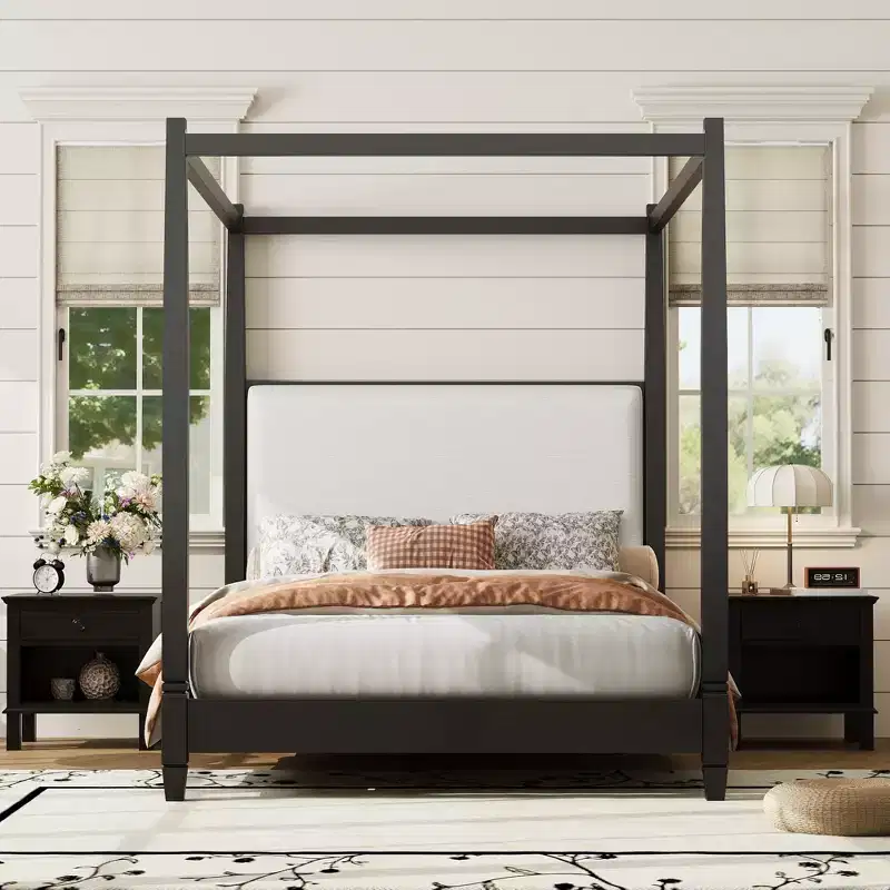 Queen/King Size Canopy Platform Bed with Upholstered Headboard, Solid Wood Four Poster Bed Frame with Wooden Slats Support