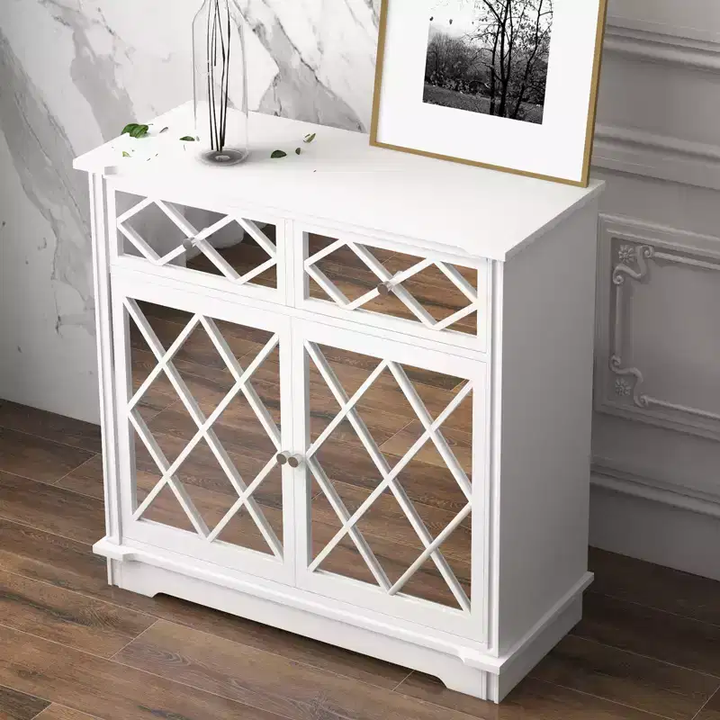 Accent Sideboard Buffet Cabinet with 2 Decorative Mirror Doors & 2 Slide-Out Drawers, Modern Display Storage Cabinet for Living Room, Bedroom