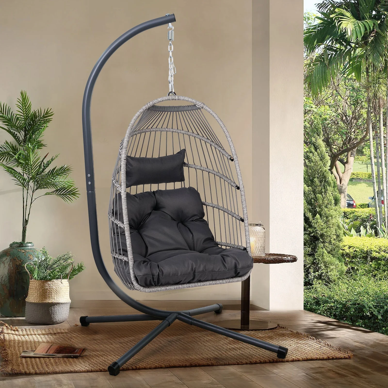 Outdoor Egg Hanging Chair with Stand and Plush Cushion