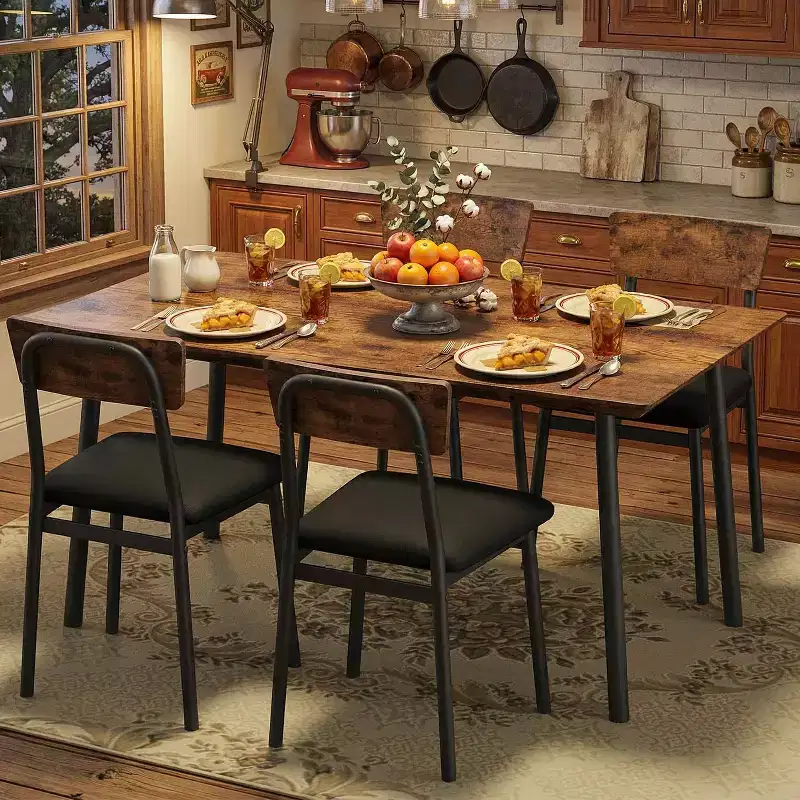 Dining Table Set with 4 Upholstered Chairs, Beveled Edge Design, Wood Kitchen Table Chairs Set of 4 for Dining, Kitchen Room, Apartmen