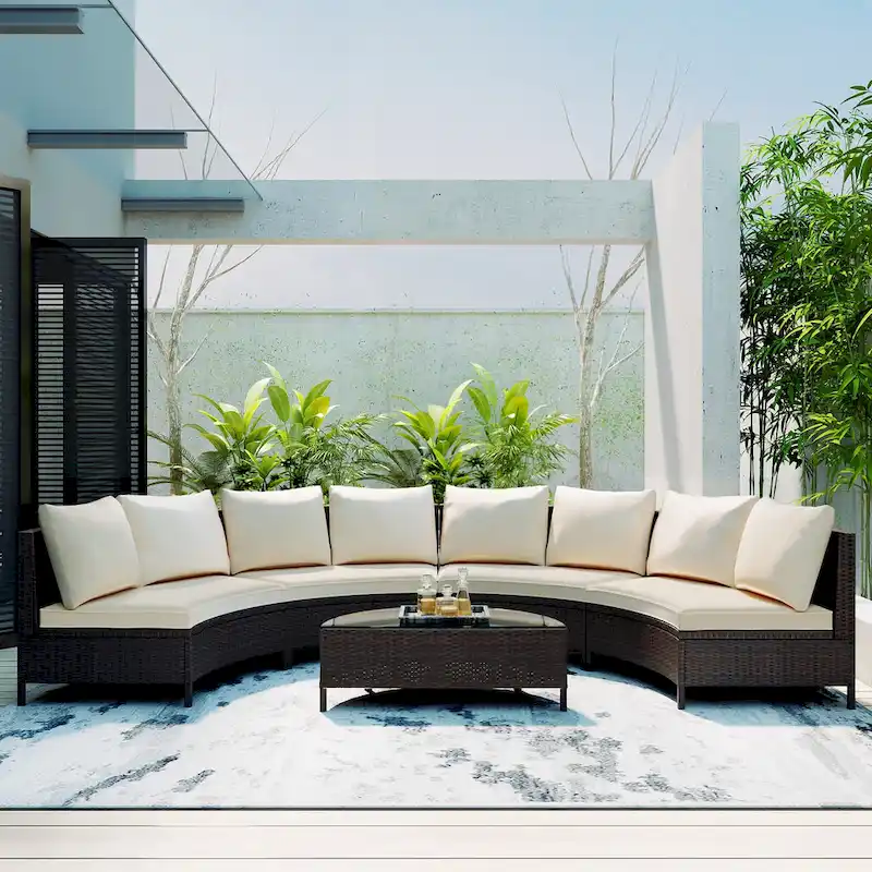 5-Pieces All-Weather PE Rattan Wicker Half-Moon Sofa Set