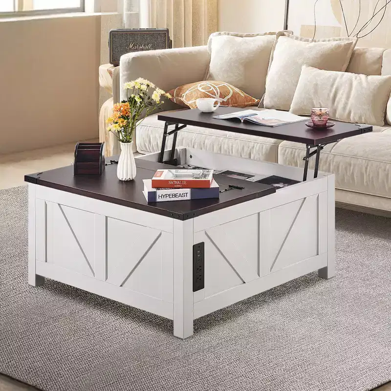VEVOR 36 Farmhouse Coffee Table, Hinged Lift Top Square Coffee Table with Built-in Power Strip, Wooden Rustic Cocktail Table, Brown & White