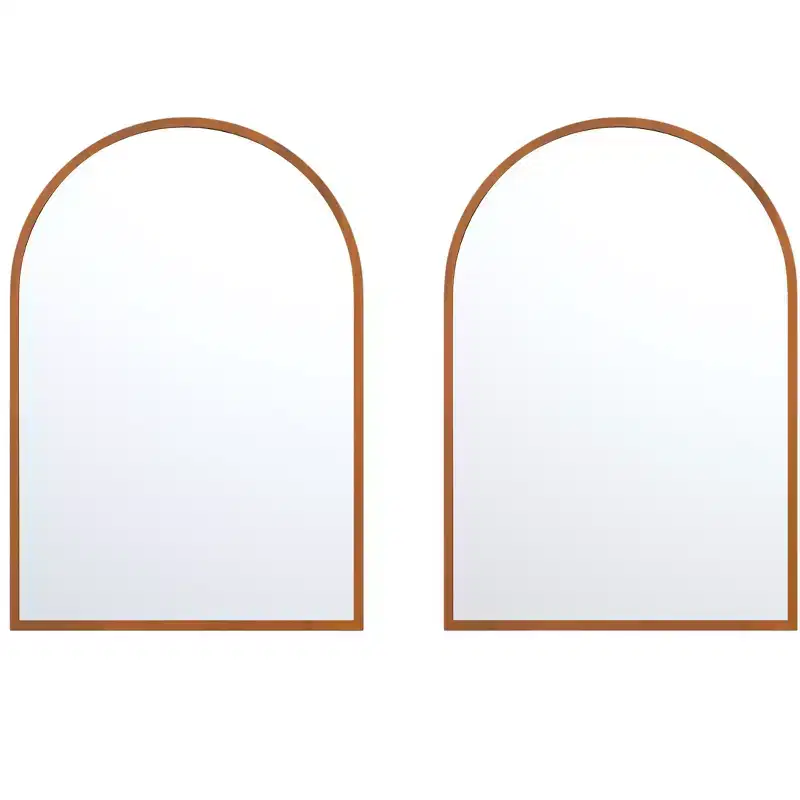 Set of Two Walnut Arch Wood Framed Bathroom Vanity Mirrors
