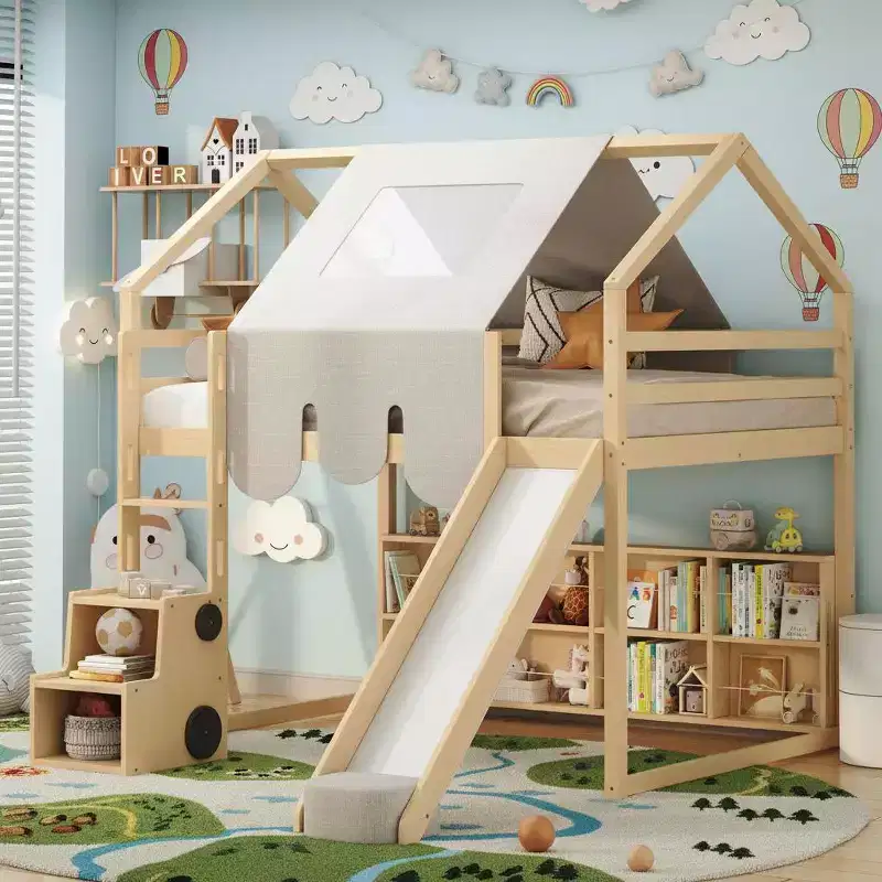 Polibi Loft Playhouse Bed with Slide, Tent Canopy & Built-in Storage