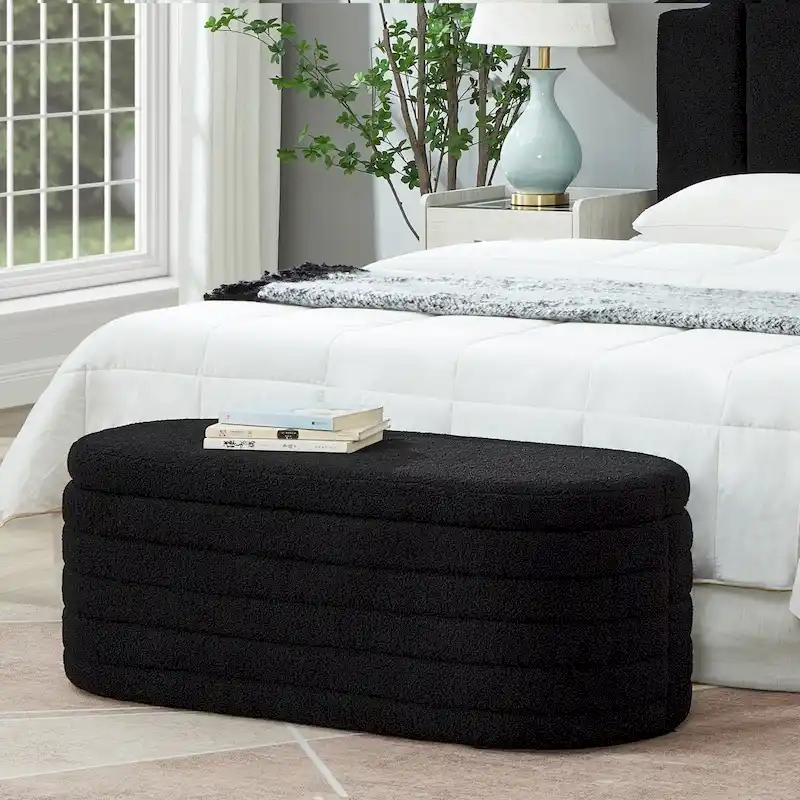 Modern Oval Storage Ottoman Bench,Upholstered Boucle Teddy Fabric End of Bed Bench with Storage,End of Bed Stool
