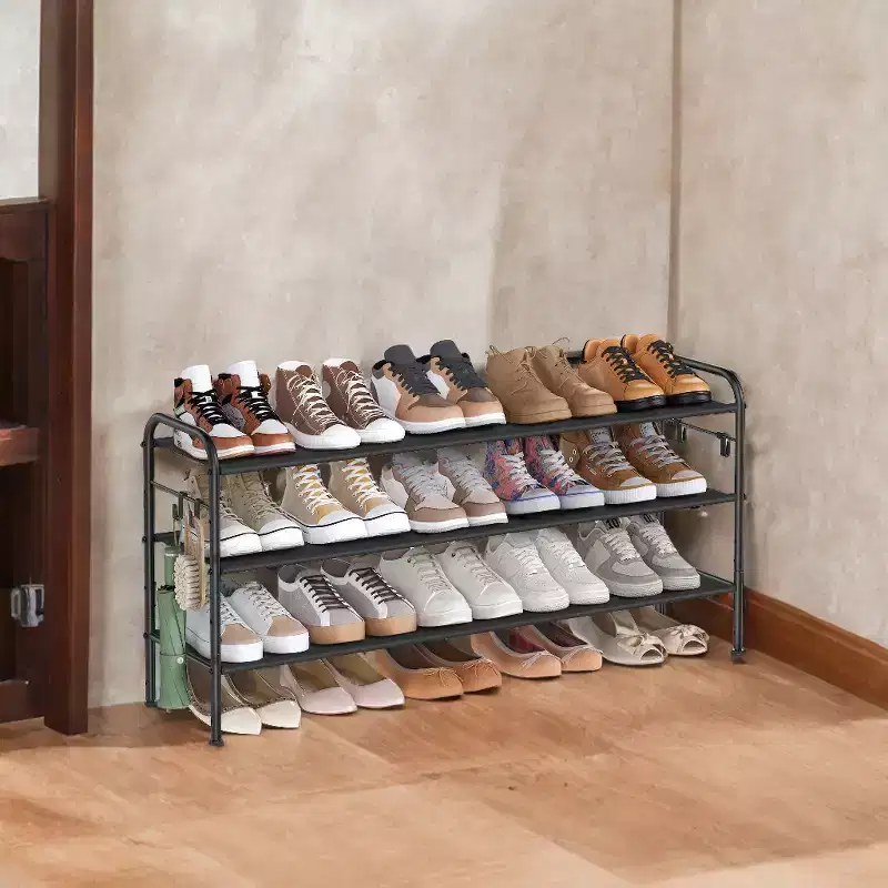 3-Tier Fabric Shoe Rack with 4 Hooks, Height-Adjustable, Holds up to 18 Pairs of Shoes, Entryway Organizer
