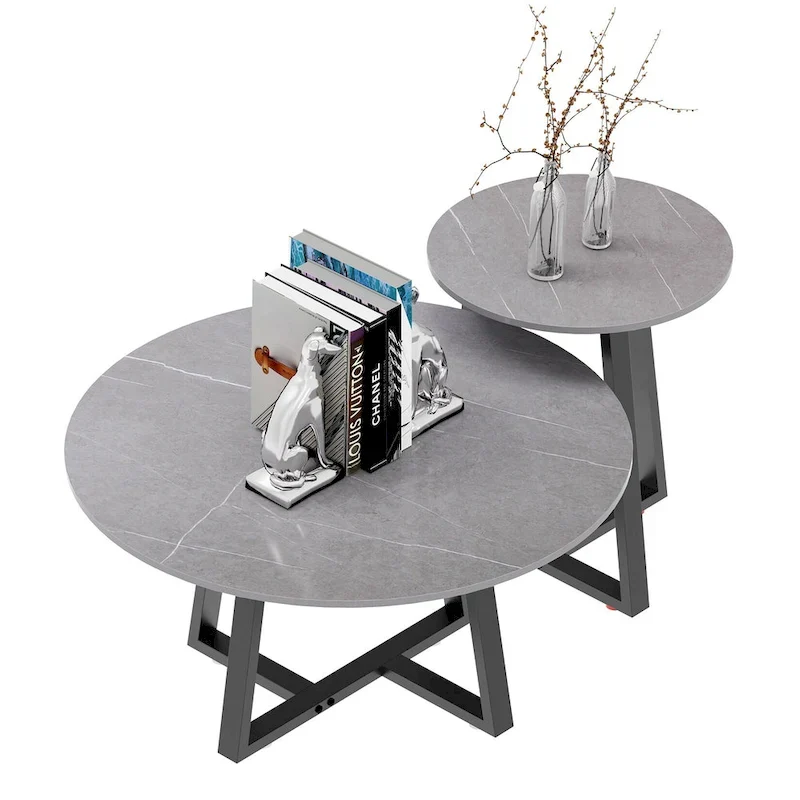 Set of 2 Round Nesting Tables Sintered Stone Marble Coffee Table - 31.5x15.7 inch