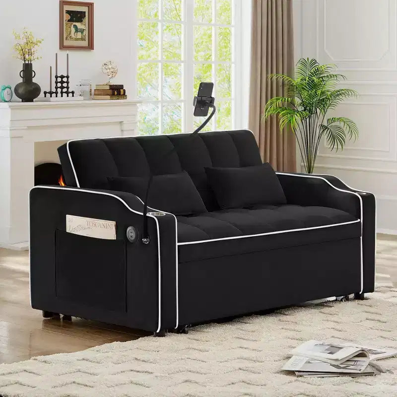 Okak Modern Adjustable Pull-Out Sofa Bed with Side Pockets & Phone Stand,Comfy Velvet Loveseat Sleeper Sofa for Living Room,Apartment