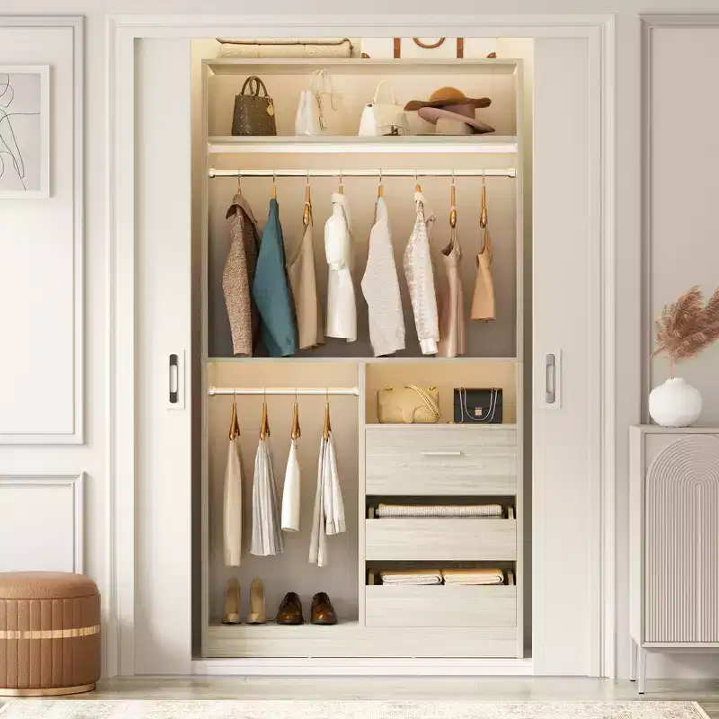 36-In Closet Organizer with Wood Drawers, Freestanding Closet System with Hanging Rods